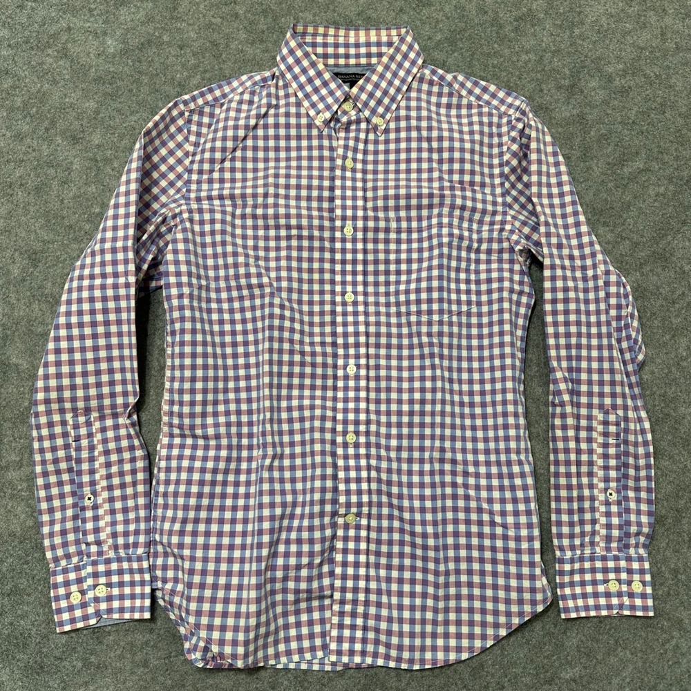 Banana Republic Button Down Shirt Mens Small Purple Gingham Softwash Slim Fit